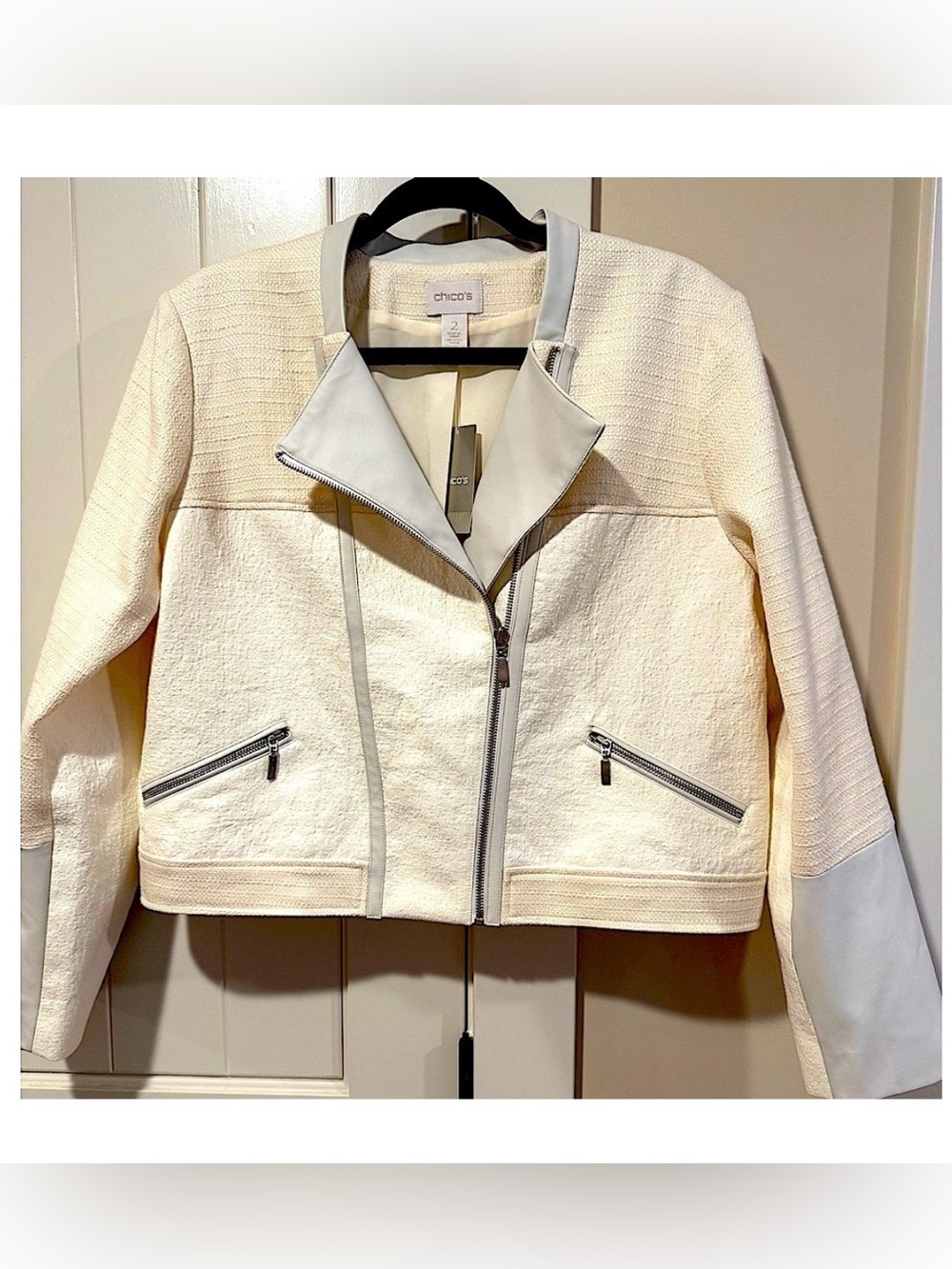 NWT CHICO’S Moto Jacket Size 2 (US 12) MSRP $149 Winter Wheat Cream with Pockets